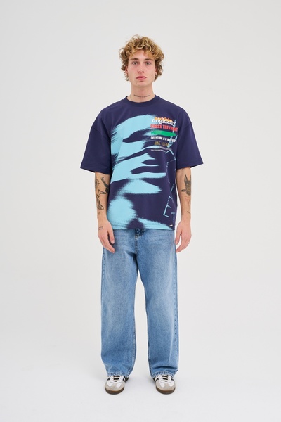 Machinist Чоловіча різнокольорова футболка оверсайз з принтом і слоганом Lacivert Tişört