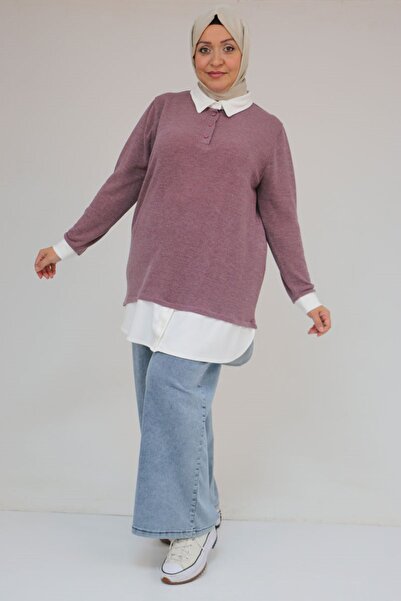 Eslina 58159 Plus Size Shirt Collar Look Paneled Mir Tunic - Dusty Rose