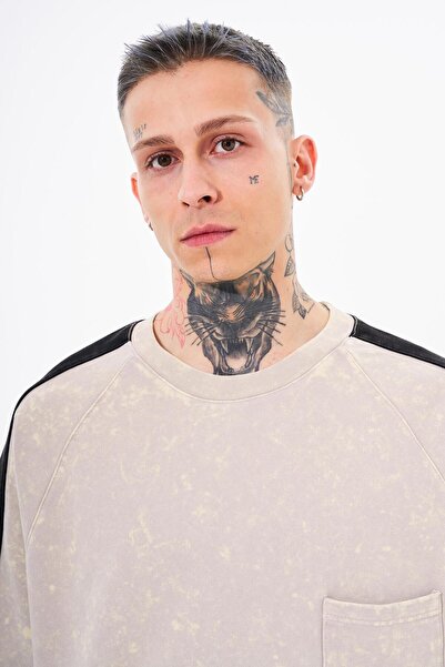 Machinist Ανδρικό μπλουζάκι Contrast Washed Oversize ανοιχτό μπεζ με κηλίδες