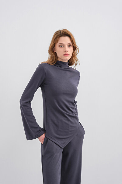 Basicpark Smoked Women's Soft Textured Premium Modal Turtleneck Asymmetric Cut Bottom-Top Set