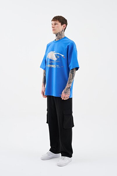 Machinist Чоловіча софтова футболка великого розміру з принтом лебедя, блакитного кольору