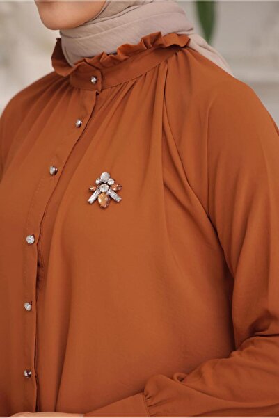 TRENDTESETTÜR Women's Brown (Tile) Brooch Detail Shirt Tunic t 93616