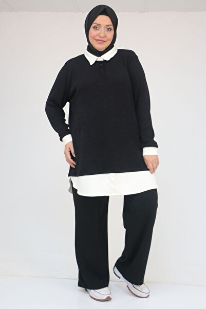 Eslina 58159 Plus Size Shirt Collar Look Paneled Mir Tunic - Black