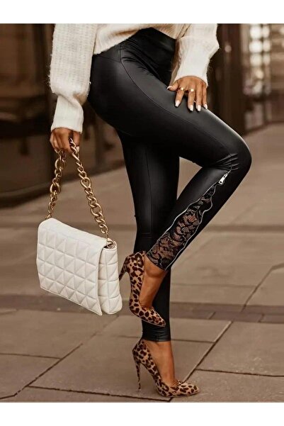 MAREANDPANDA Women's High Waist Side Slit Lace Detailed Leather Leggings