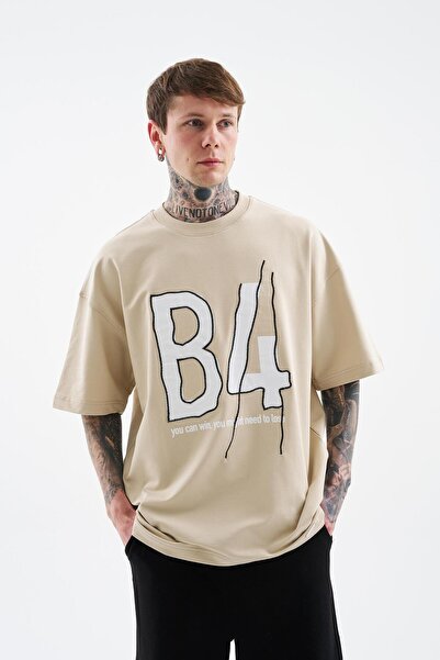 Machinist Чоловіча футболка B4 з принтом і вишивкою, оверсайз, світло-бежева