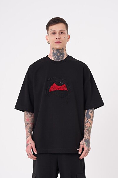 Machinist Ανδρικό μπλουζάκι με κέντημα oversized με μαύρο χρώμα