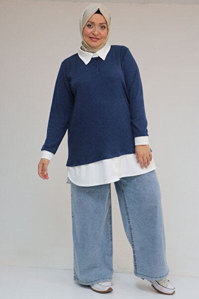 Eslina 58159 Plus Size Shirt Collar Look Paneled Mir Tunic - Indigo