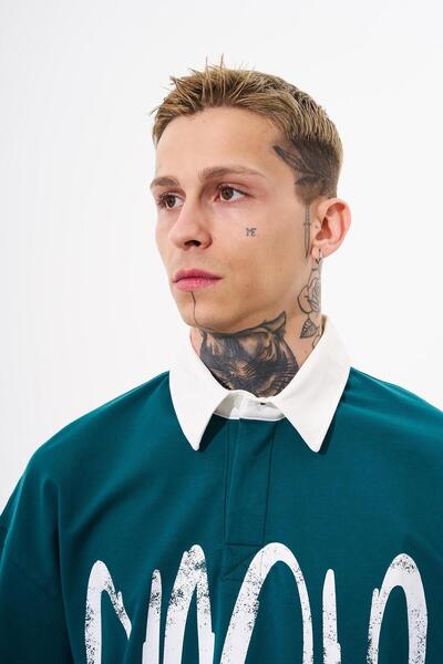 Machinist Ανδρικό μπλουζάκι Petrol Green Oversize Polo Neck - High Printed