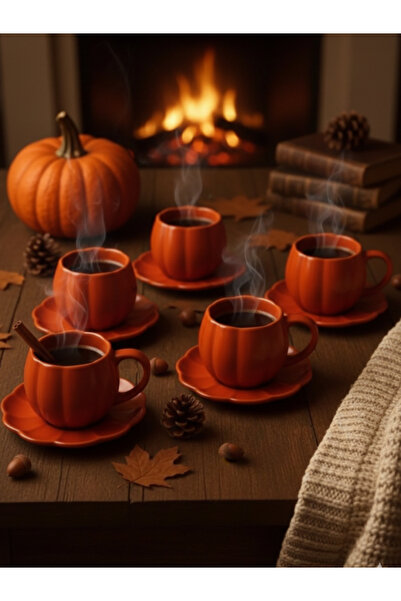Viyalente Handmade 6-Person Ceramic Pumpkin Tea Coffee Cup Set with Saucers Orange Mug 250 ml