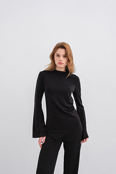 Basicpark Black Women's Soft Textured Premium Modal Turtleneck Asymmetrical Cut Bottom-Top Set