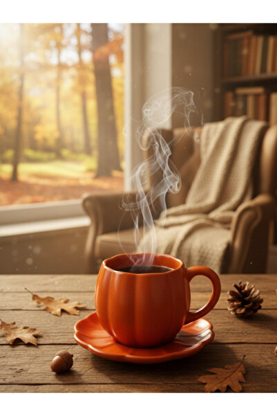 Viyalente Handmade 1 Piece Ceramic Pumpkin Mug with Saucer Tea Coffee Cup Set 250 ml