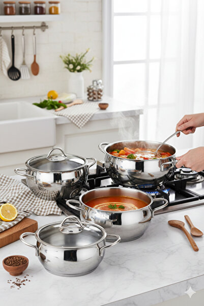 PoloChef طقم أواني طهي من الفولاذ المقاوم للصدأ 18/10 من برو لاين، 6 قطع مع أغطية، فضي (16-18-20 سم)