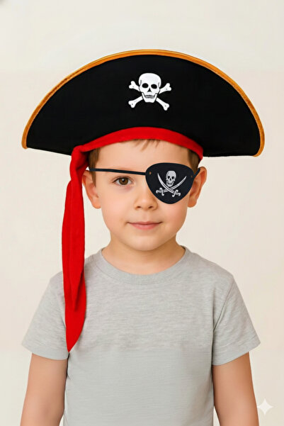 TanOzel Kaptan Jack Çocuk Korsan Şapkası Ve Deri Göz Bandı Seti