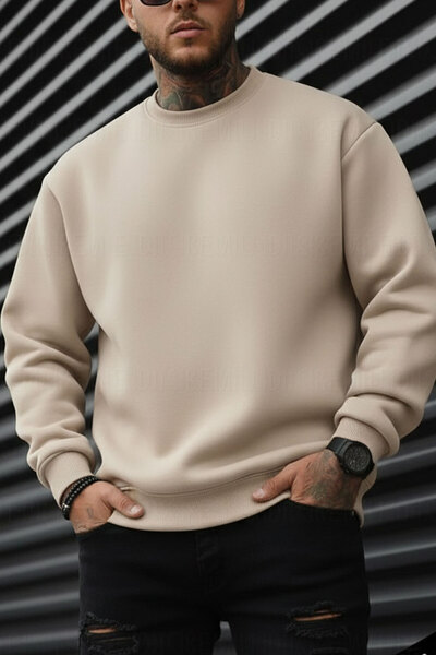 Millionaire Ανδρικό φούτερ από φλις, χαλαρή εφαρμογή, χωρίς στάμπα, μονόχρωμο, μπεζ, πέτρινο, μπεζ, Camel Basic 0, oversized