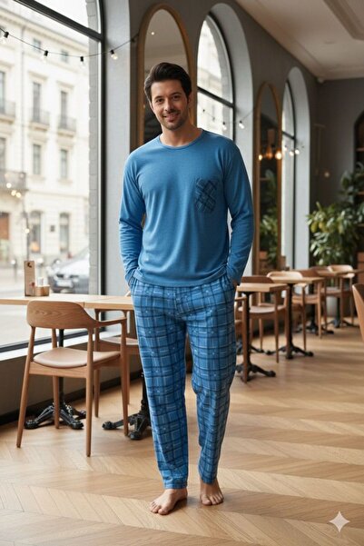 Sude HOMEWEAR Ercan Ανδρικό Ice Blue - Πάνω τσέπη και κάτω καρό Pjm Tkm