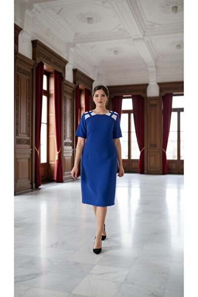 Nidya Moda Büyük Beden Kadın Saks Omuz Kafes Kombinli Abiye Elbise-4152sx