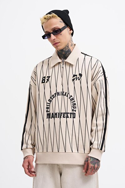 Machinist Ανδρικό φούτερ πόλο με στάμπα και φερμουάρ, απαλό μπεζ