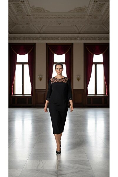 Nidya Moda Kadın Siyah Roba Dantel Taşlı Abiye Elbise 4025s