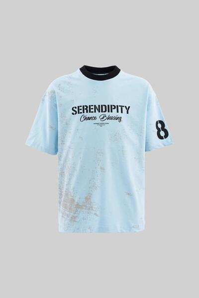 Machinist Erkek All Over Printed And Contrast Collar Oversize Tişört Açık Mavi