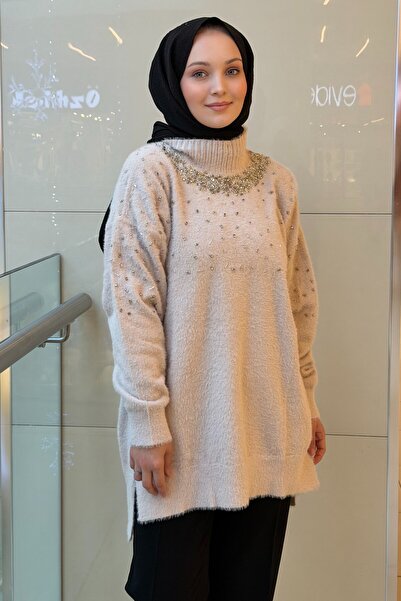 Nuss 7003 Crew Neck Angora Tunic with Sprinkle Bead Embroidery