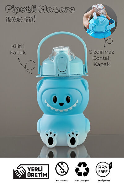 Mefa Mutfak Labubu Water Bottle with Straw and Locking Lid – Portable Water Bottle with Handle – Bpa Free - 1000 Ml/Blue