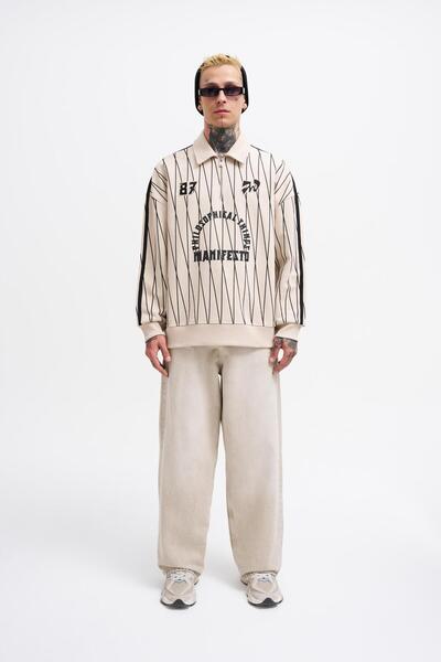 Machinist Ανδρικό φούτερ πόλο με στάμπα και φερμουάρ, απαλό μπεζ