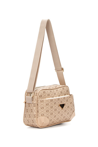 Newish Polo Geantă de umăr încrucișată cu curea lungă cu model monogramă bej pentru femei