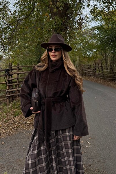 Laluvia Bitter Brown Collared Buttoned Belted Plush Jacket - 1624