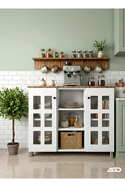 AGD Multi-purpose corner coffee cabinet, kitchenware, with wooden spice rack and hanging cup holder.