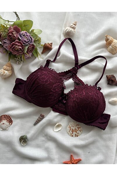 NİVENE Kadın MÜRDÜM Slikon Dolgulu Sırtı Çapraz Dantelli Sütyen