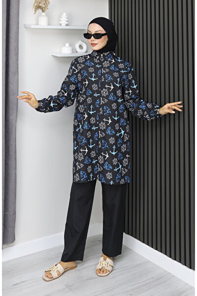 sefamerve Hijab-Badeanzug, modernes Linienmuster, 3-teiliges Set, 1903-09, Schwarz-Beige