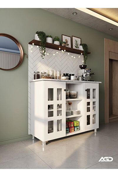 AGD Multipurpose Coffee Cabinet, Wide Wooden Top, Open Shelves, Glass Window Doors with Wooden Spice