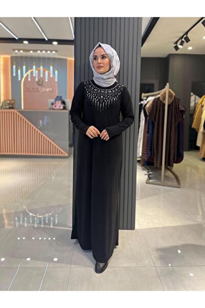 medipek Women's Sandy Stone Detailed Black Hijab Dress