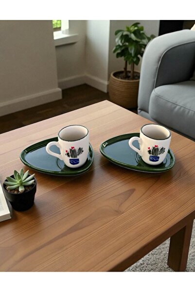 homeınn Cactus Patterned Set of 2 Ceramic Coffee Cups – with Green Oval Presentation Plate, Stylish and Decorative
