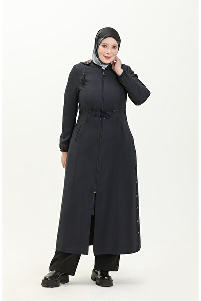 sefamerve Large Size Hooded Top Coat 0471-04 Navy Blue