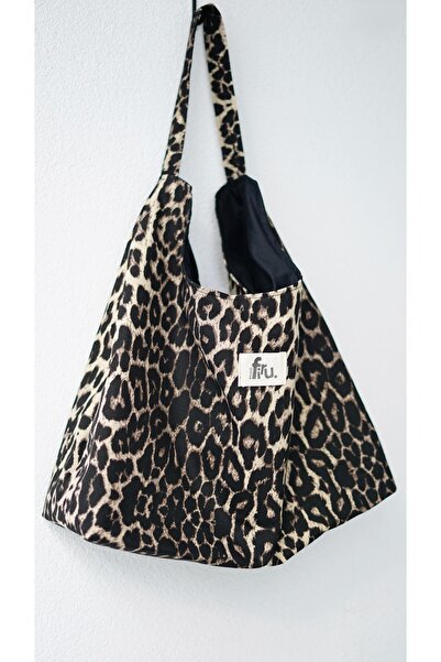 Studio Firu Koyu Leopar Desenli Shopper Çanta Tek Askı Mıknatıs Çıtçıtlı