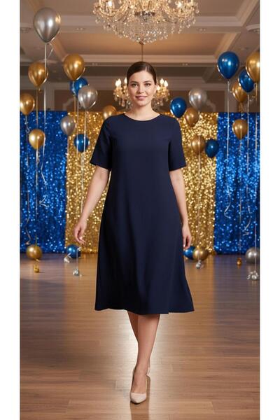 Nidya Moda Büyük Beden Kadın Lacivert Ön Kısa Arka Uzun Krep Elbise