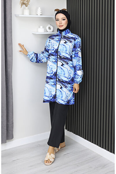 sefamerve Hijab-Badeanzug mit Wellenmuster, 3-teiliges Set, 1903-03, Marineblau