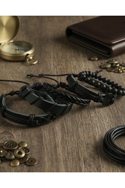 BSN Store Life Tree and Infinity Black Figured 5-Piece Real Leather Bracelet