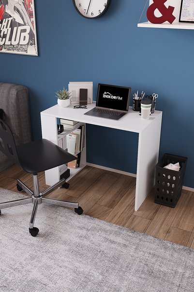 dekor fim DF09102B Kitaplıklı Çalışma, Bilgisayar Masası, Raflı 90x70 Modern Ofis Masası, Beyaz