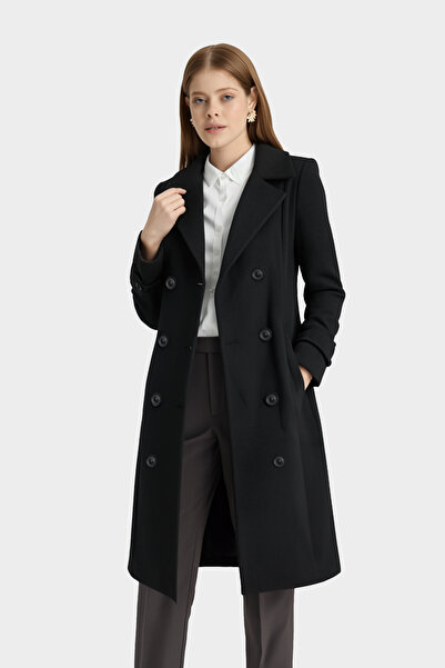 Soydan Güner Kadın Kruvaze Kuşaklı Kulplu Kesim Kaban Siyah 6610