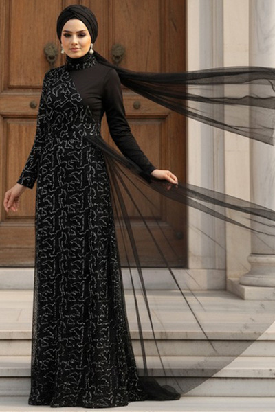 Neva Style Sequined Silver Hijab Evening Dress 5345Gms