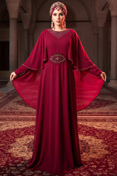 Neva Style Βραδινό φόρεμα με μανδύα μπορντό Hijab 91501BR