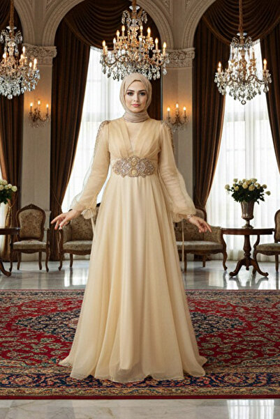 Neva Style Bead Detailed Gold Hijab Evening Dress 2249Gold