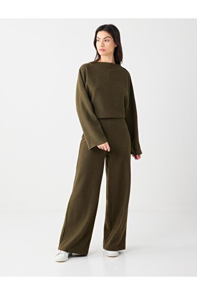 Jimmy Key Πλεκτό παντελόνι με φαρδιά πόδια με απαλή υφή χακί μελανζέ