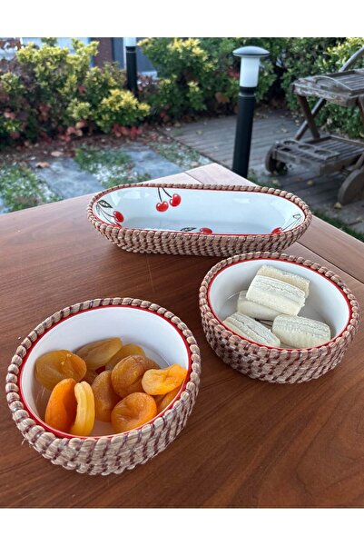 Home Inn Home Textile Cherry Patterned Wicker Look 3-Piece Presentation Set – Natural and Decorative Presentation Set – Red Color