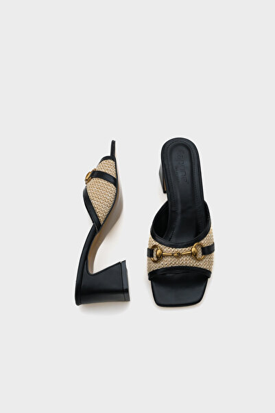 Capone Outfitters Women's Gold Buckle Straw Detailed Thick Heeled Black Slippers