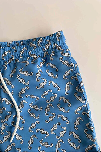 AYYILDIZ 845 Men's Blue Seahorse Patterned Sea Shorts