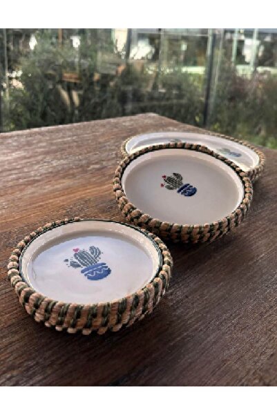 Home Inn Home Textile Kaktüs Desenli Hasır Görünümlü Sunum Seti – 3 Parça El Yapımı Sofra Takımı