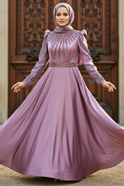 Neva Style Сукня з атласу лілового кольору з вишивкою бісером 22840LILA